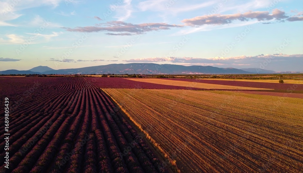 Fototapeta premium Aerial View of Lavender Fields at Golden Hour with Rhythmic Bands of Color under a Clouded Sky