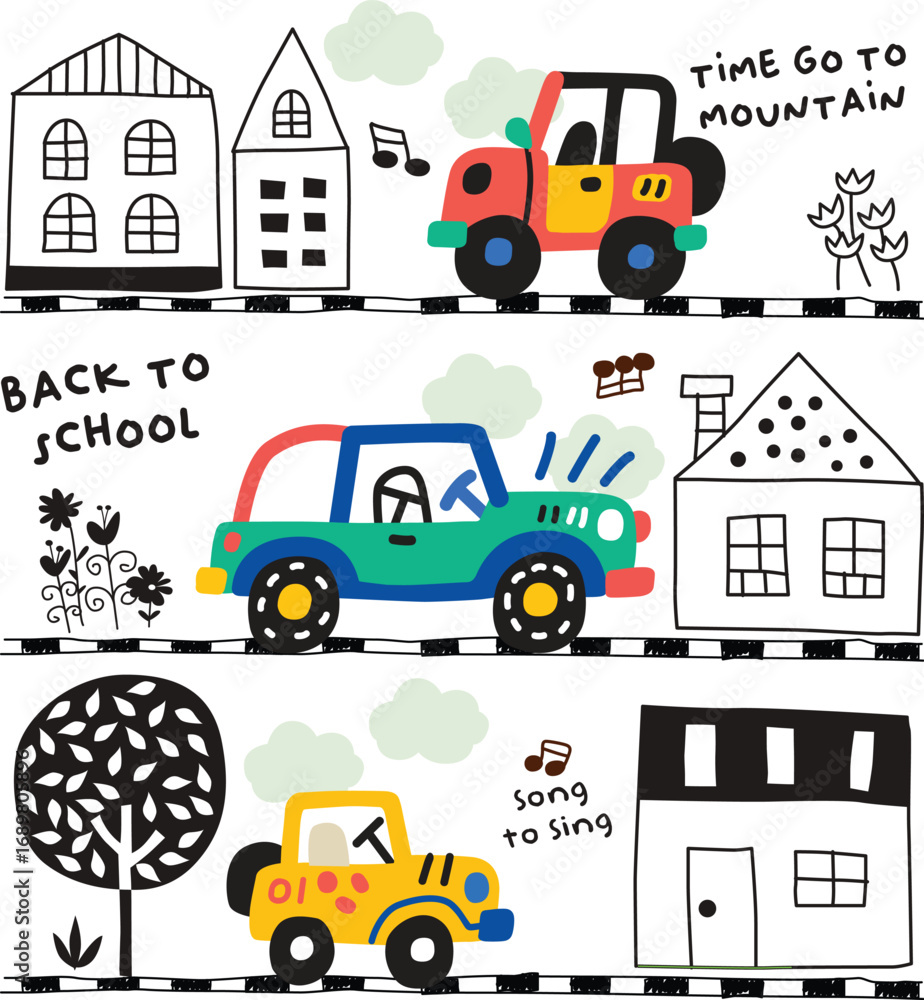 Fototapeta premium hand drawn car and bus doodle vector 
