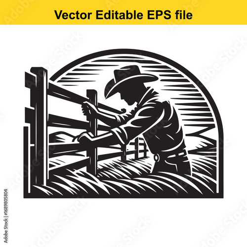Cowboy working on a wooden fence in a field, vector illustration