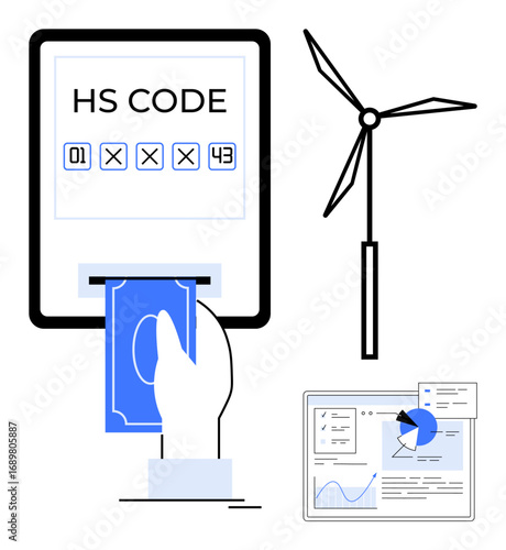 Hand placing money under HS code panel, wind turbine symbolizing renewable energy, and data graphs displaying analytics. Ideal for trade, customs, renewable energy, economics, taxation, research