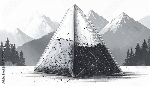 Pyramid-shaped tea bag against a winter mountain backdrop