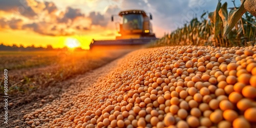 Soybeans cascade in the foreground as a combine harvests under a brilliant sunset