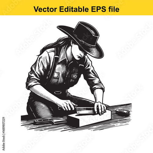 Woman wearing cowboy hat and overalls, sharpening a knife, isolated on white background