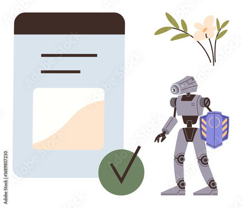 Robot holding a shield, document layout, and green checkmark. Leaf and flower above. Ideal for technology, cybersecurity, automation, AI safety verification protection digital approval. Simple