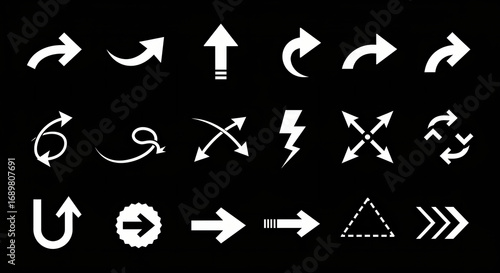 A versatile collection of white arrow icons and symbols, showcasing various styles for navigation, direction, and user interface elements