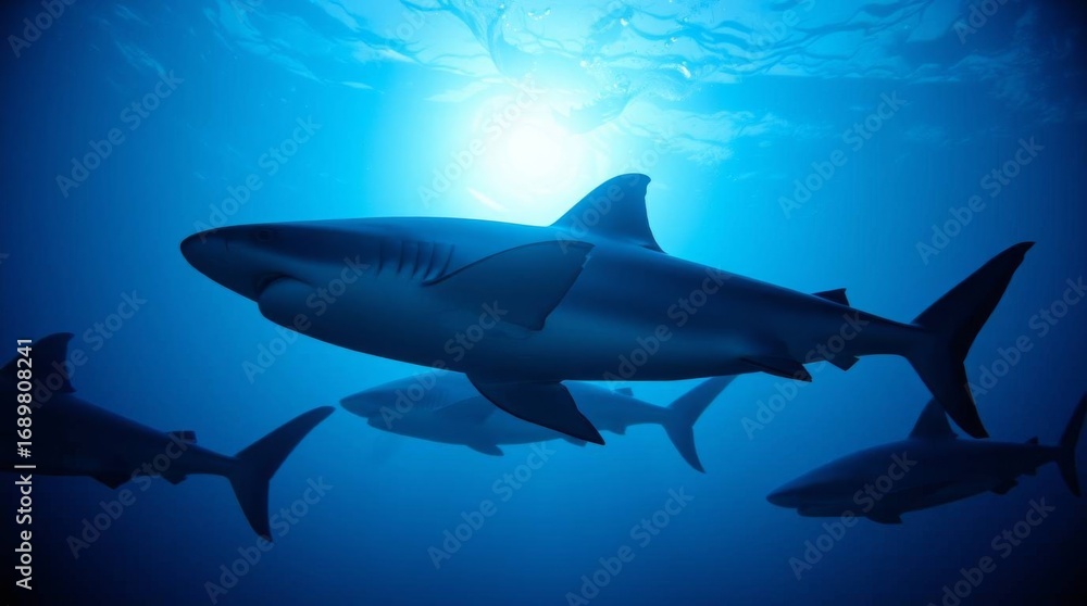 Fototapeta premium A majestic shiver of sharks glides through the deep blue ocean, backlit by the radiant sun