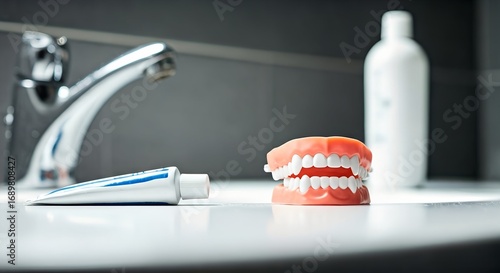 Vampires Morning Routine Fangs and Toothpaste on a Bathroom Sink.