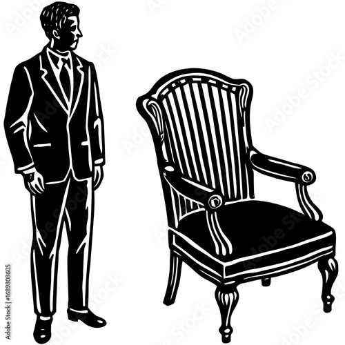 Elegant businessman in suit standing next to vintage armchair, stylish classic design perfect for luxury branding and high-end lifestyle content