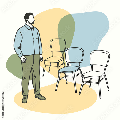 Man standing alone with empty chairs ready for a meeting, a modern professional scene about teamwork, leadership and waiting for other attendees, the future of business