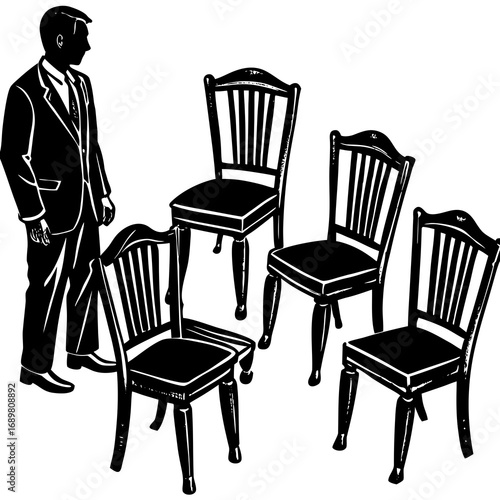 Powerful business meeting concept with suited figure and empty chairs, depicting decision making, leadership transition, or strategic planning in a bold, eye-catching style