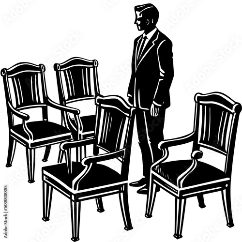 Powerful executive contemplates next steps, surrounded by empty chairs, a visual metaphor for leadership, decisions, and the future, originally a scalable vector graphic