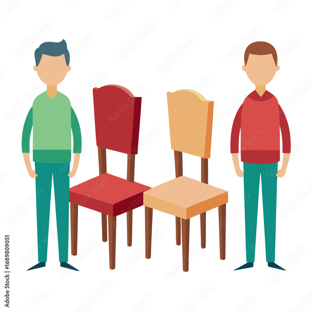 Fototapeta premium Stylized characters stand beside modern chairs, perfect for interior design mockups or social distancing illustrations, lending a contemporary feel to websites and presentations