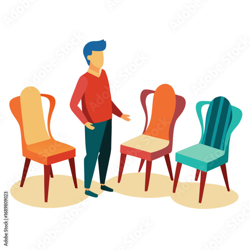 Faceless character gesturing towards diverse chairs, inviting conversation and collaboration, symbolizing choices and decisions, perfect for design and creative projects