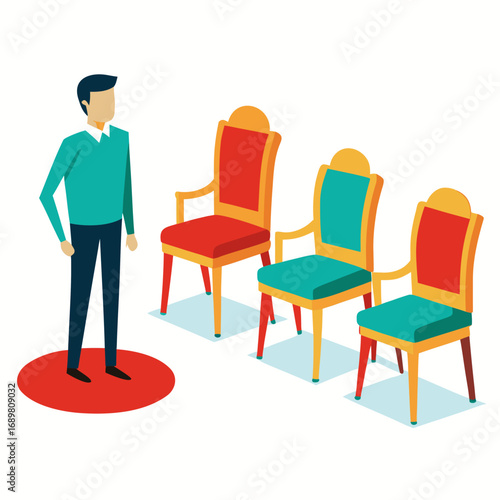 Elegant audition scenario showcasing talent selection with colorful chairs, creative hiring process emphasizing candidate choice, spotlighting new opportunities with vibrant seating arrangement