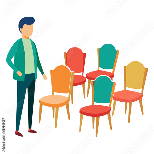 Man Facilitating Group Therapy Session with Colorful Chairs, Modern Meeting in a Circle, Team Building Exercise, Workshop Setting, Illustration of Communication and Support