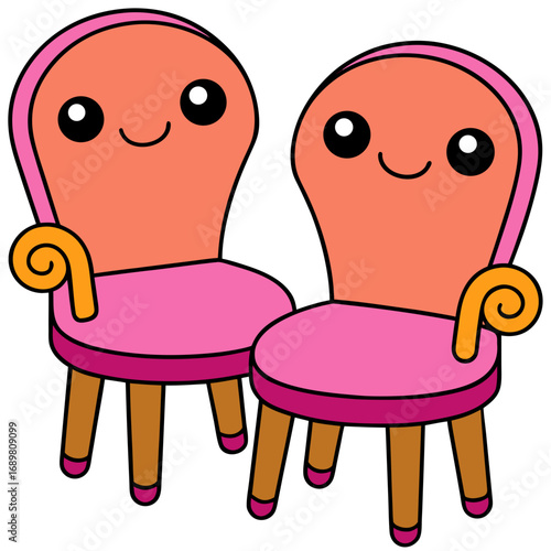 Whimsical pair of chairs with smiling faces, perfect for children's decor or playful interior designs, adding a touch of fun and imagination to any room, a vibrant and cheerful choice