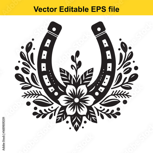 Black horseshoe with floral ornament isolated on white background