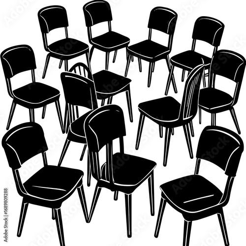 Gathering of empty chairs symbolizing waiting, discussion, or absence, perfect for conceptual projects.