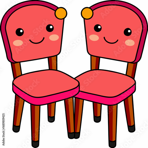Two adorable, cheerful cartoon chairs with smiling faces and rosy cheeks, perfect for adding a touch of playful charm to children's content, invitations, or educational materials.