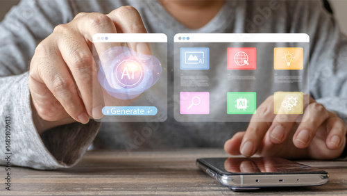 A person uses a mobile phone to command an artificial intelligence system. They touch a floating virtual screen with various app icons to generate creative content on a wooden desk.