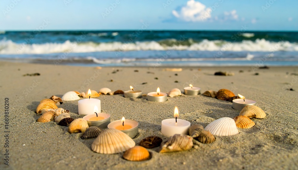 Naklejka premium Heart-shaped sand art with candles and seashells on the beach