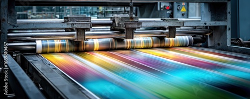Printing press in action with fresh sheets, media and publishing lifestyle, industrial interior, cool tones, motion blur, technology process, copy space for text.