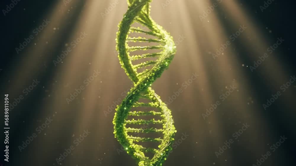 Abstract green DNA molecule, genetic code, helix structure with soft sunlight background animation