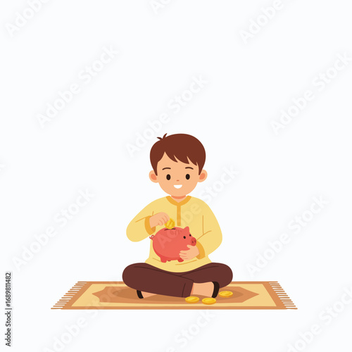 Adorable young boy demonstrating financial prudence by carefully placing coins into a cute piggy bank, fostering good saving habits from an early age