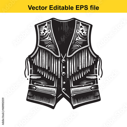 Western cowboy vest with fringe and star pattern isolated on white background