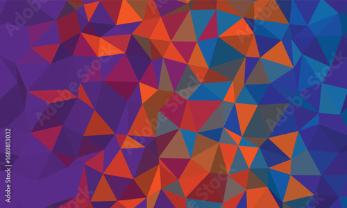 Polygonal pattern features a mosaic of triangular shapes in violet, blue and orange