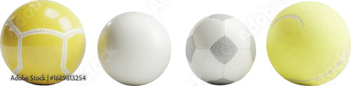 Four sports balls including tennis soccer and white balls