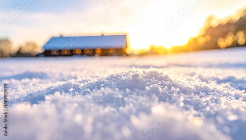 Close Up Sparkling Snow At Sunset With Blurred Cabin Background
