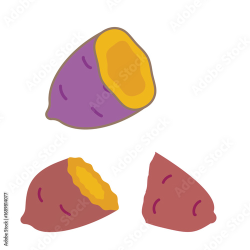 焼き芋の断面と皮付きさつまいものかわいいイラスト素材