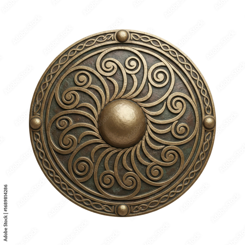 Naklejka premium Intricate ancient bronze shield with swirling Celtic knot design and central boss, a symbol of strength and heritage.