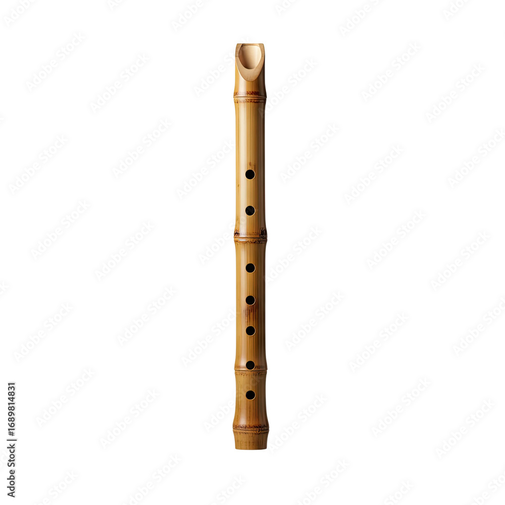 Naklejka premium Authentic bamboo shakuhachi flute, a traditional Japanese musical instrument, showcasing natural wood grain.