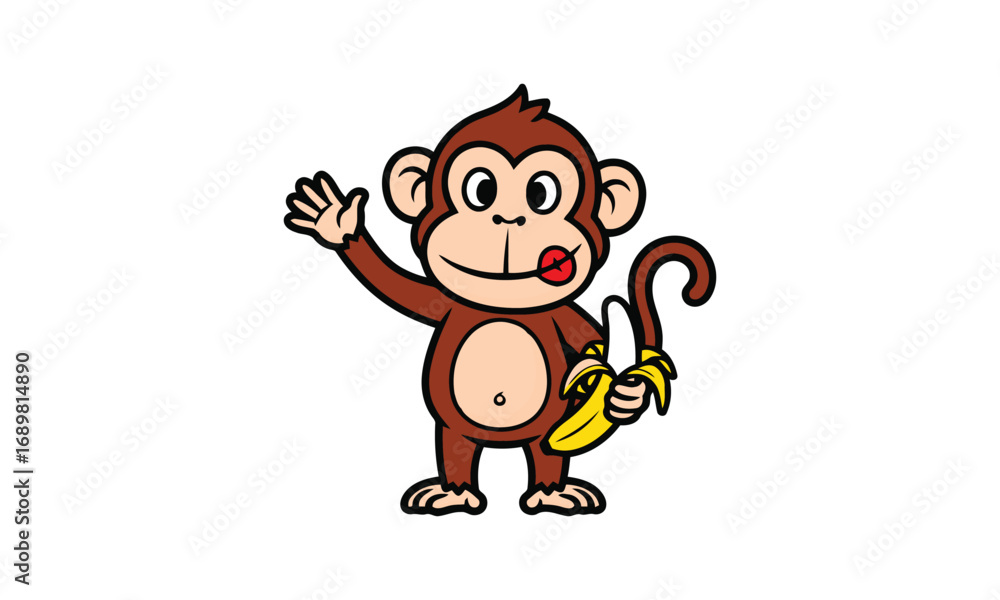 Fototapeta premium Cartoon monkey waving holding banana enjoying snack