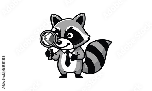 Cute raccoon detective holding magnifying glass investigation concept