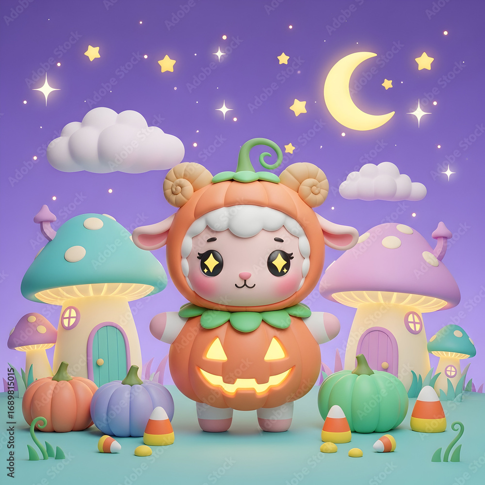Naklejka premium Cute pastel lamb wearing pumpkin costume surrounded by glowing jack-o’-lanterns, candy corn, pastel mushroom houses, clouds, moon and stars in dreamy Halloween night, ideal for nursery wall art