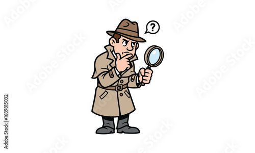 Detective man holding magnifying glass pondering a mystery