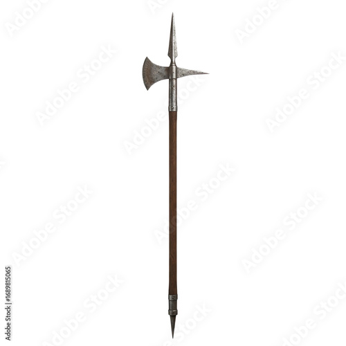 Historic halberd weapon with sharp axe blade and pointed spike on wooden pole