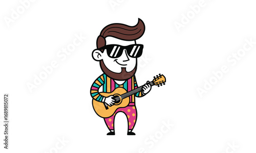Cool bearded man playing guitar cartoon character