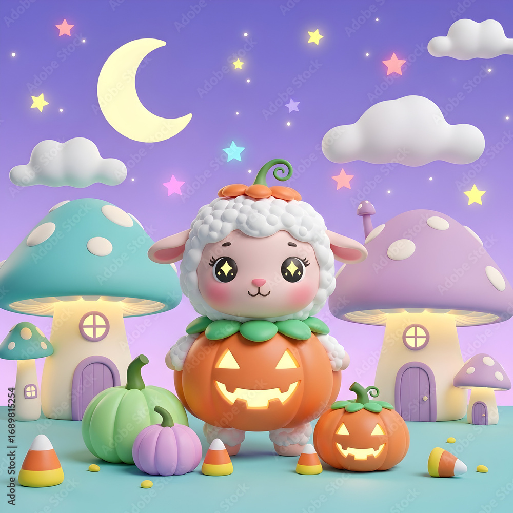Obraz premium Kawaii baby sheep in magical mushroom village with pumpkins under moon, ideal for children’s decor 