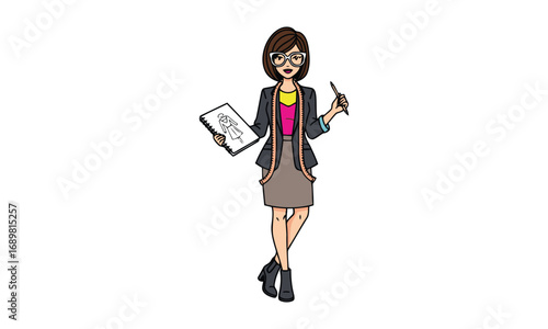 Businesswoman holding documents and pen professional attire cartoon