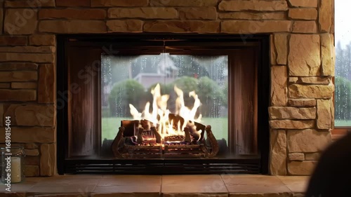 Person relaxing by a cozy stone fireplace with a burning gas fire while rain falls outside a window.