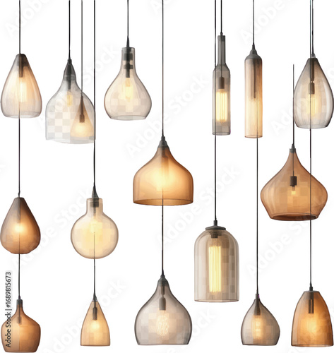 Assortment of hanging pendant light bulbs on white background