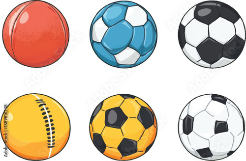 Collection of Six Cartoon Sports Balls on White Background
