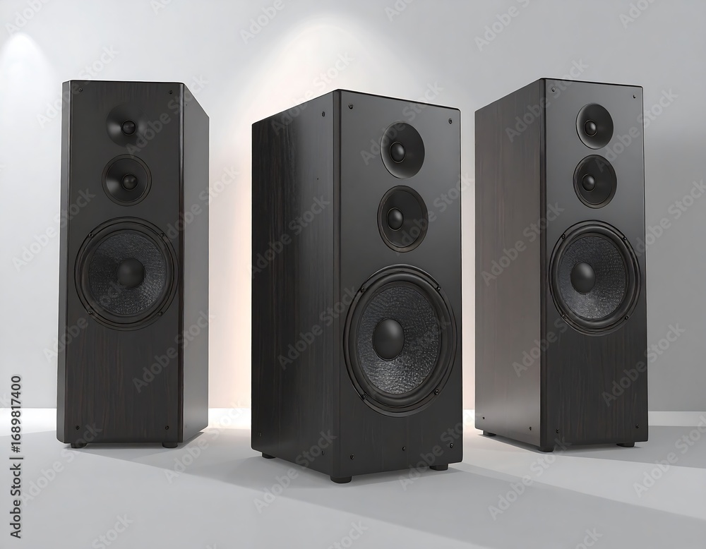 Fototapeta premium Three dark speakers against a white background