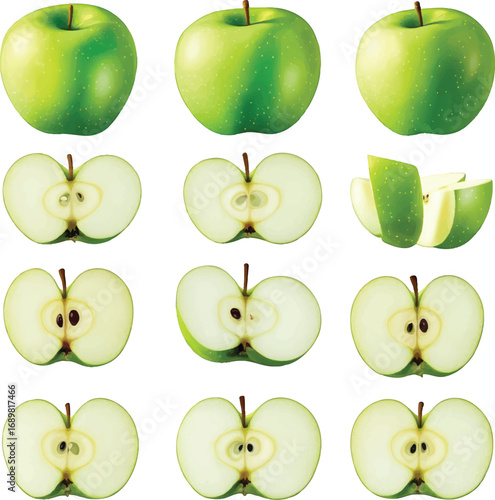 Collection of whole and sliced green apples fruit whole apple