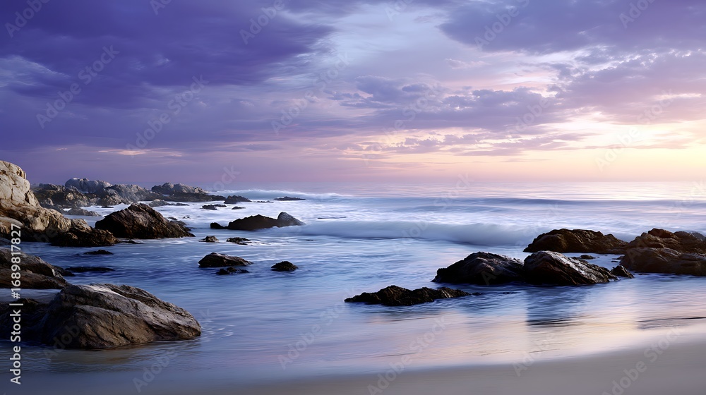 Fototapeta premium Serene Coastal Scene at Dusk with Gentle Waves and Rocky Shoreline