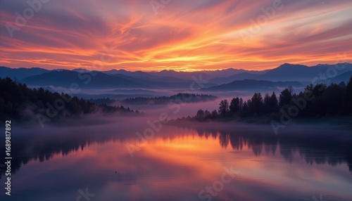 Wallpaper Mural Misty Lake Sunrise Reflection Torontodigital.ca